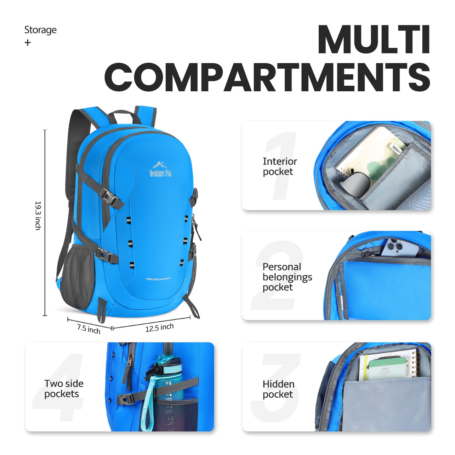 Venture Pal Blue 40L Nylon Backpack with Wet Pocket and Multi Compartment