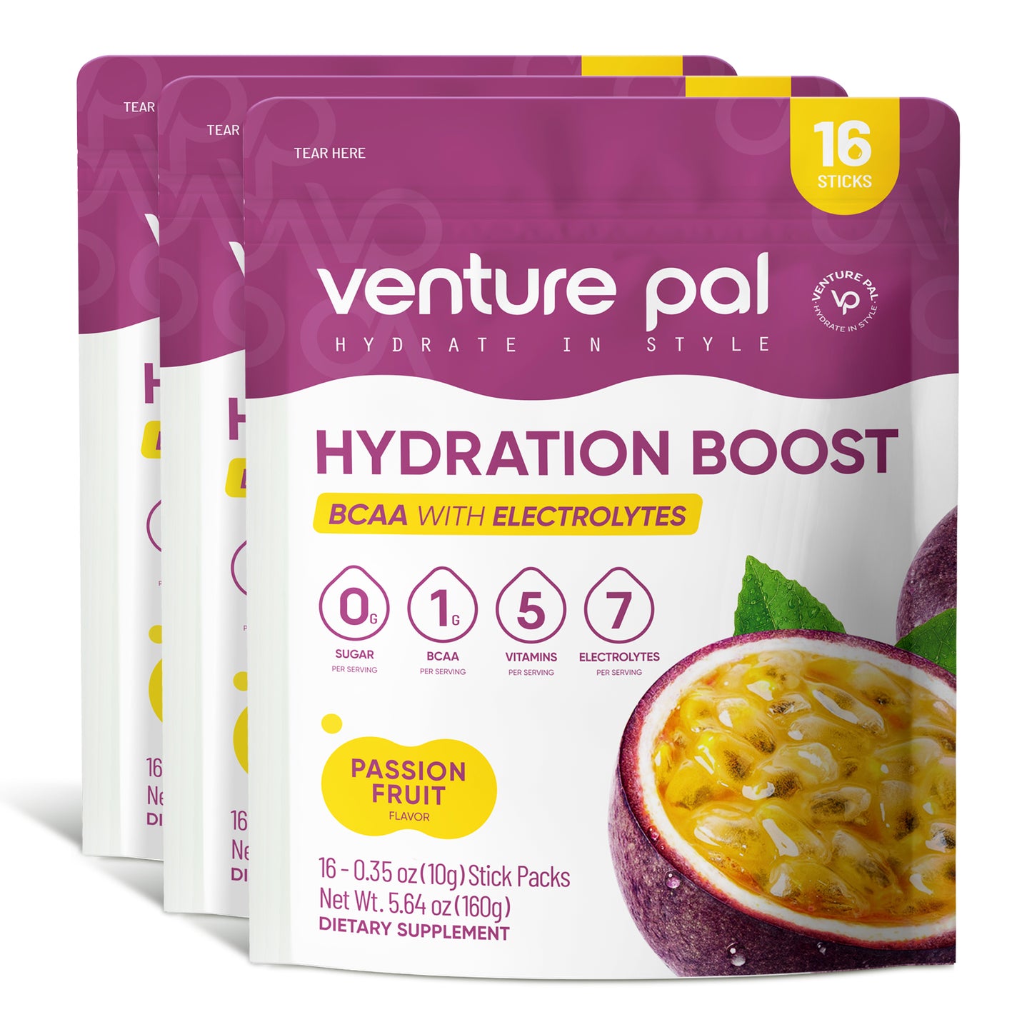 Venture Pal BCAA Essential Amino Acids Sugar Free Electrolyte Powder Packets - Passion Fruit Flavor - 16 Sticks
