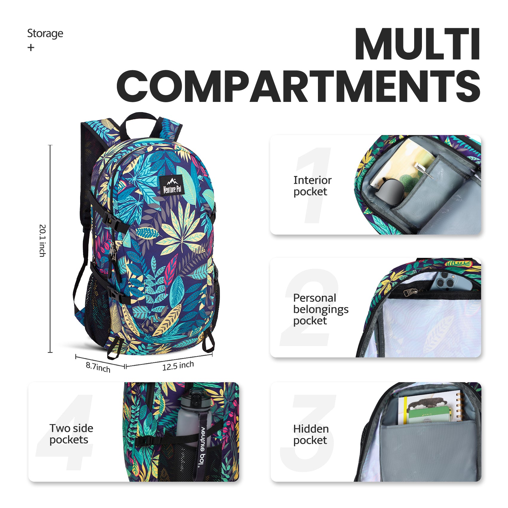Venture Pal Purple Leaf Pattern Wet Pocket Design 40L Nylon Backpack