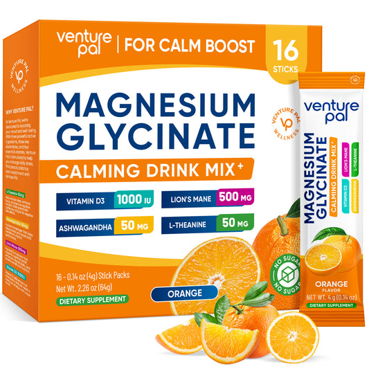 Venture Pal Sugar Free Magnesium Glycinate Powdered Drink Mix with Ashwagandha, Vitamin D, L-Theanine, Lions Mane - Orange- 16 Sticks