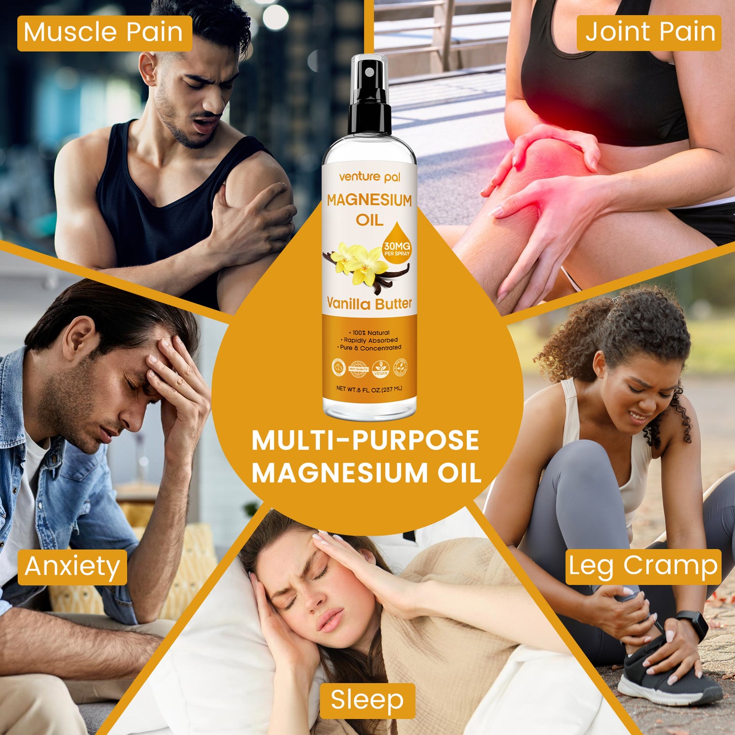 Venture Pal 100% Pure Magnesium Oil Spray with Vanilla Butter, Ultra-Soothing for Sleep & Muscle Relaxation (Big 8 oz)