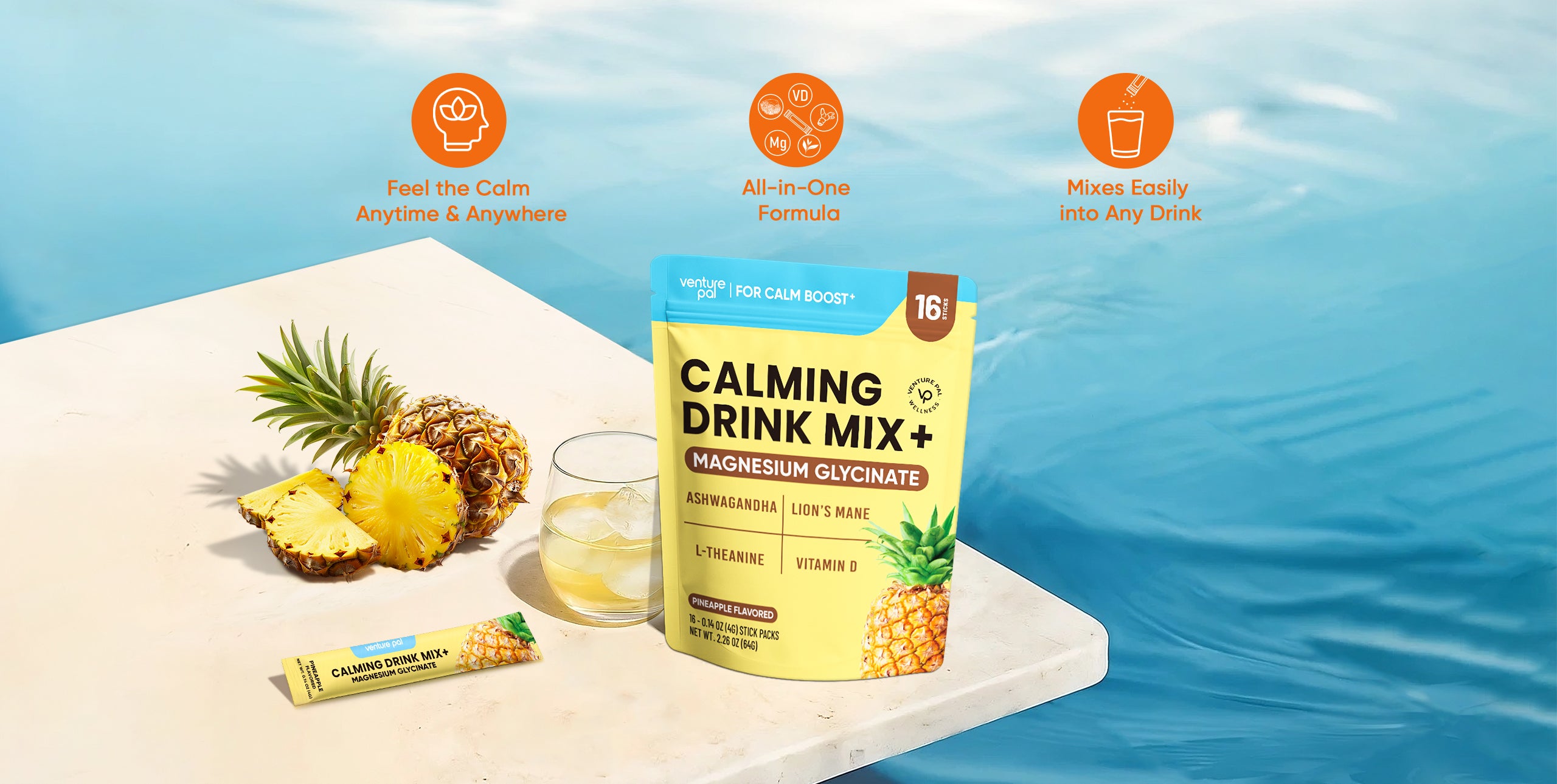 Magnesium Glycinate Powdered Drink Mix - Pineapple- 16 Sticks