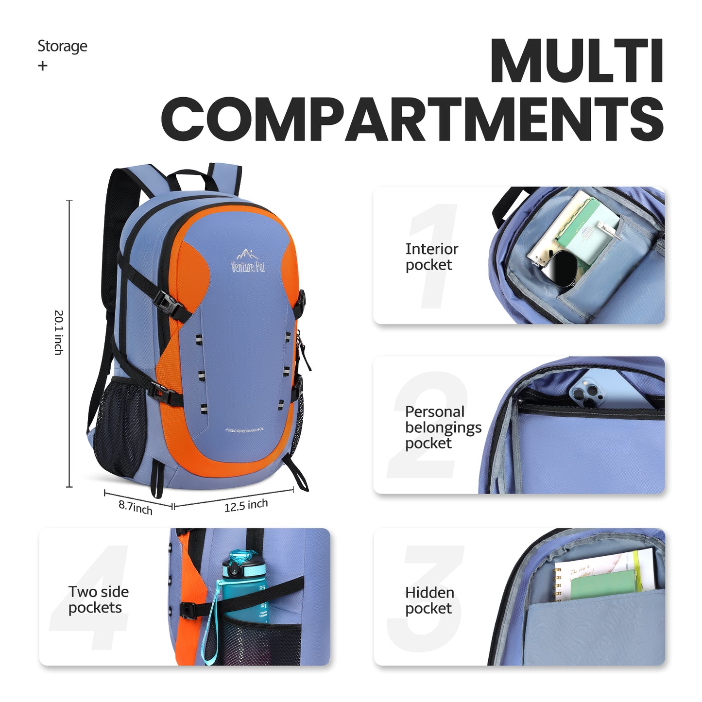 Venture Pal Grey/Orange 40L Nylon Backpack with Wet Pocket and Multi Compartment