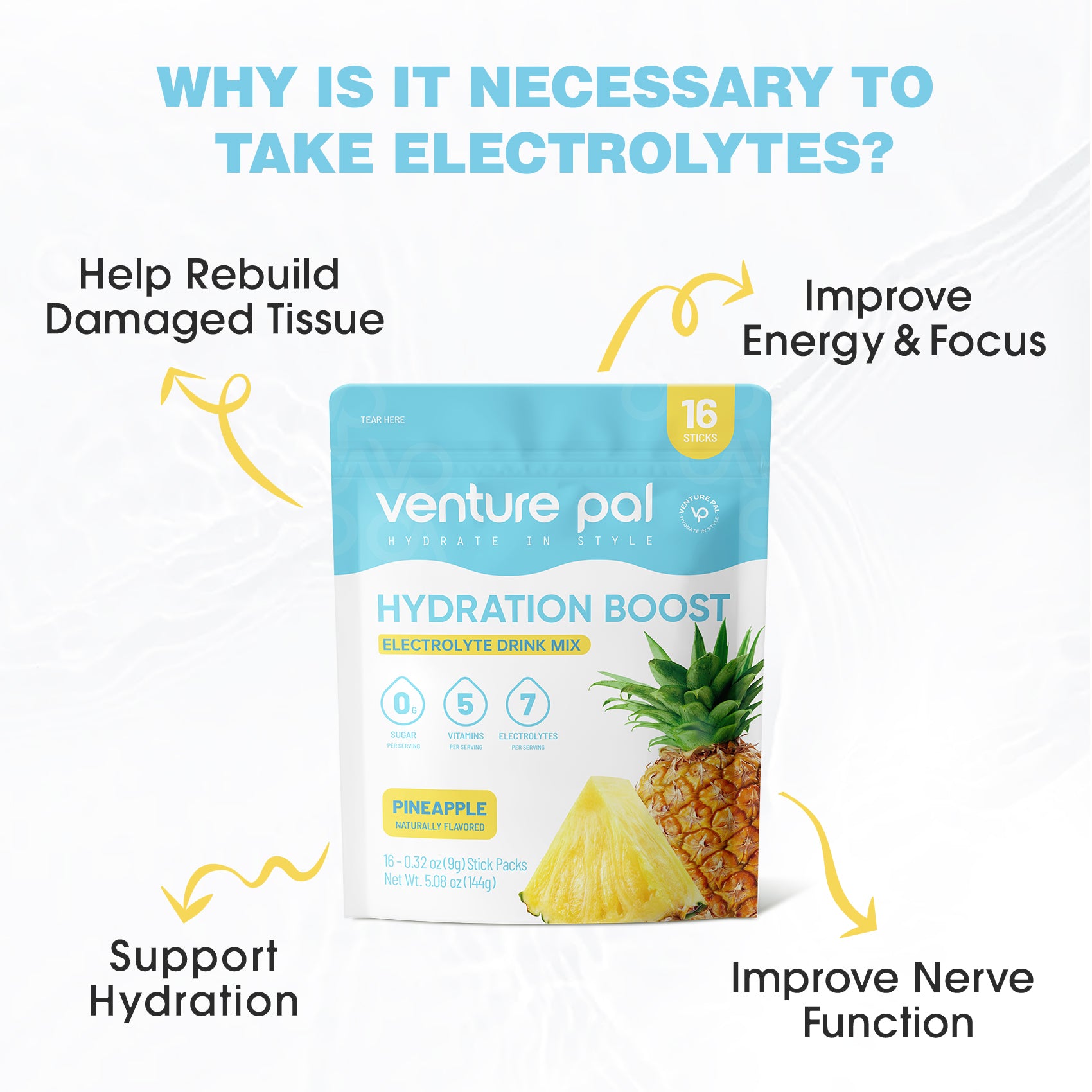 Sugar Free Electrolyte Powder Packets - Pineapple Flavor - 16 Sticks