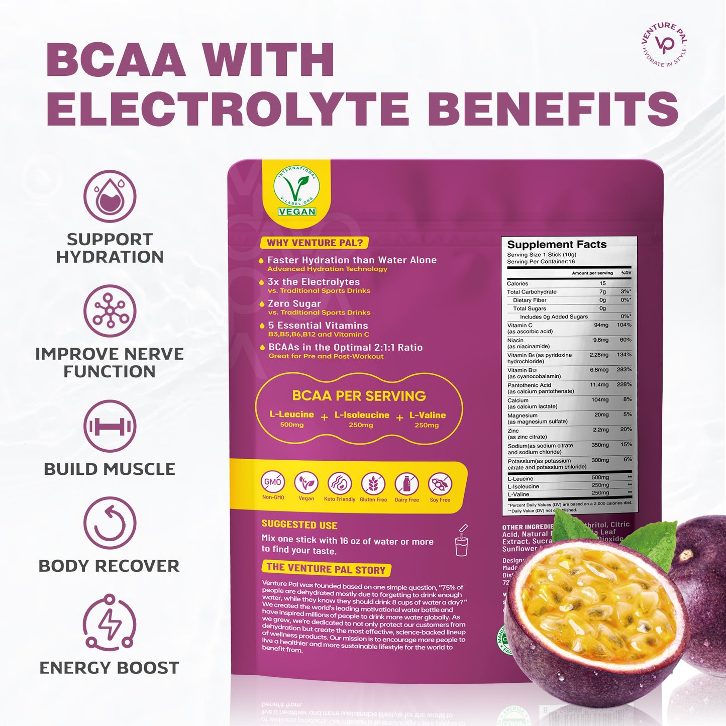 Venture Pal BCAA Essential Amino Acids Sugar Free Electrolyte Powder Packets - Passion Fruit Flavor - 16 Sticks