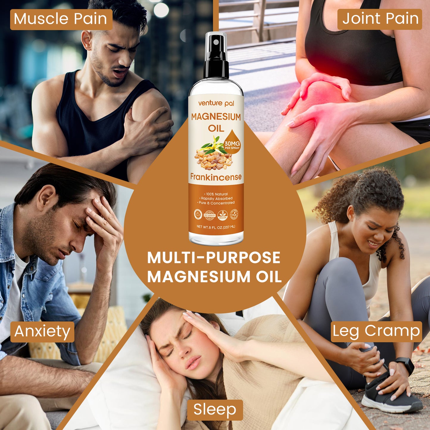 Venture Pal 100% Pure Magnesium Oil Spray with  Frankincense, Ultra-Soothing for Sleep & Muscle Relaxation (Big 8 oz)