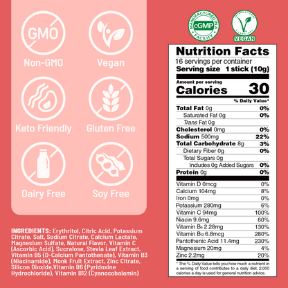 Sugar Free Electrolyte Powder Packets - Strawberry Flavor - 16 Sticks