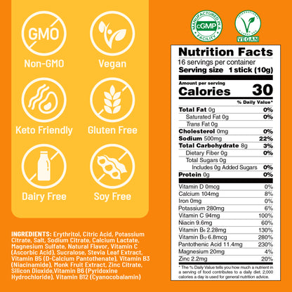 Sugar Free Electrolyte Powder Packets - Orange Flavor - 16 Sticks
