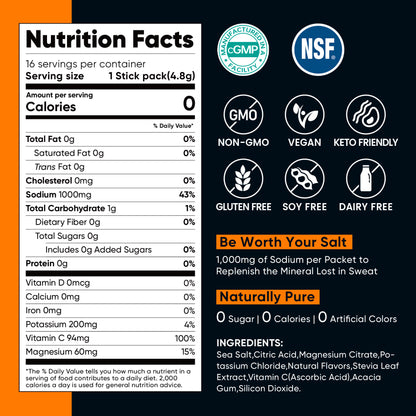 High Sodium Sugar Free Electrolytes Powder Packet - Fruit Punch Salt - 30 Sticks