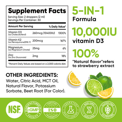 Vitamin D3 10000 IU Plus K2 (MK-7) - Lemon Flavor - 200 mcg Liquid Drops