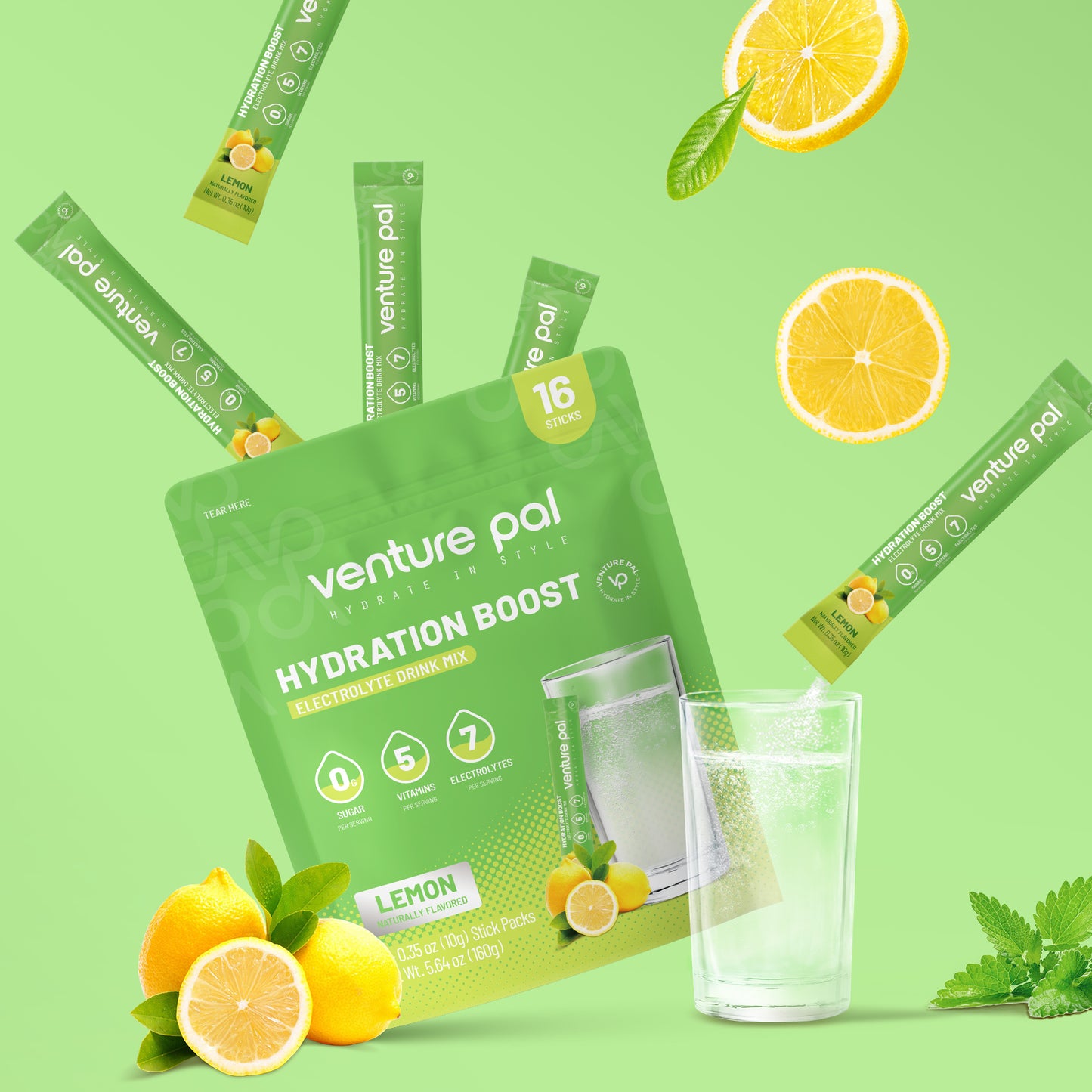 Venture Pal Sugar Free Electrolyte Powder Packets - Lemon Flavor - 16 Sticks