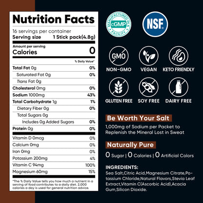 High Sodium Sugar Free Electrolytes Powder Packet - Chocolate Salt - 30 Sticks