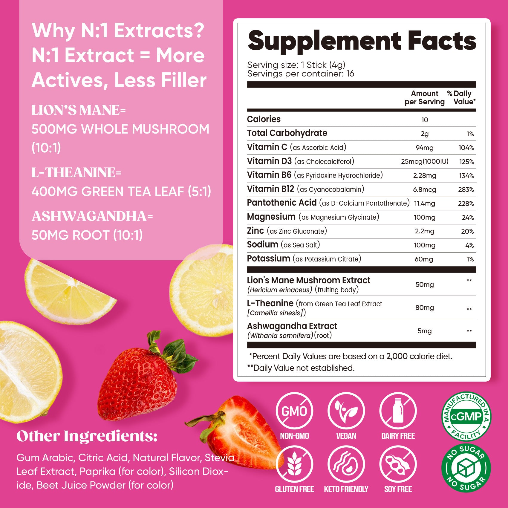 Magnesium Glycinate Powdered Drink Mix - Strawberry Lemonade- 16 Sticks