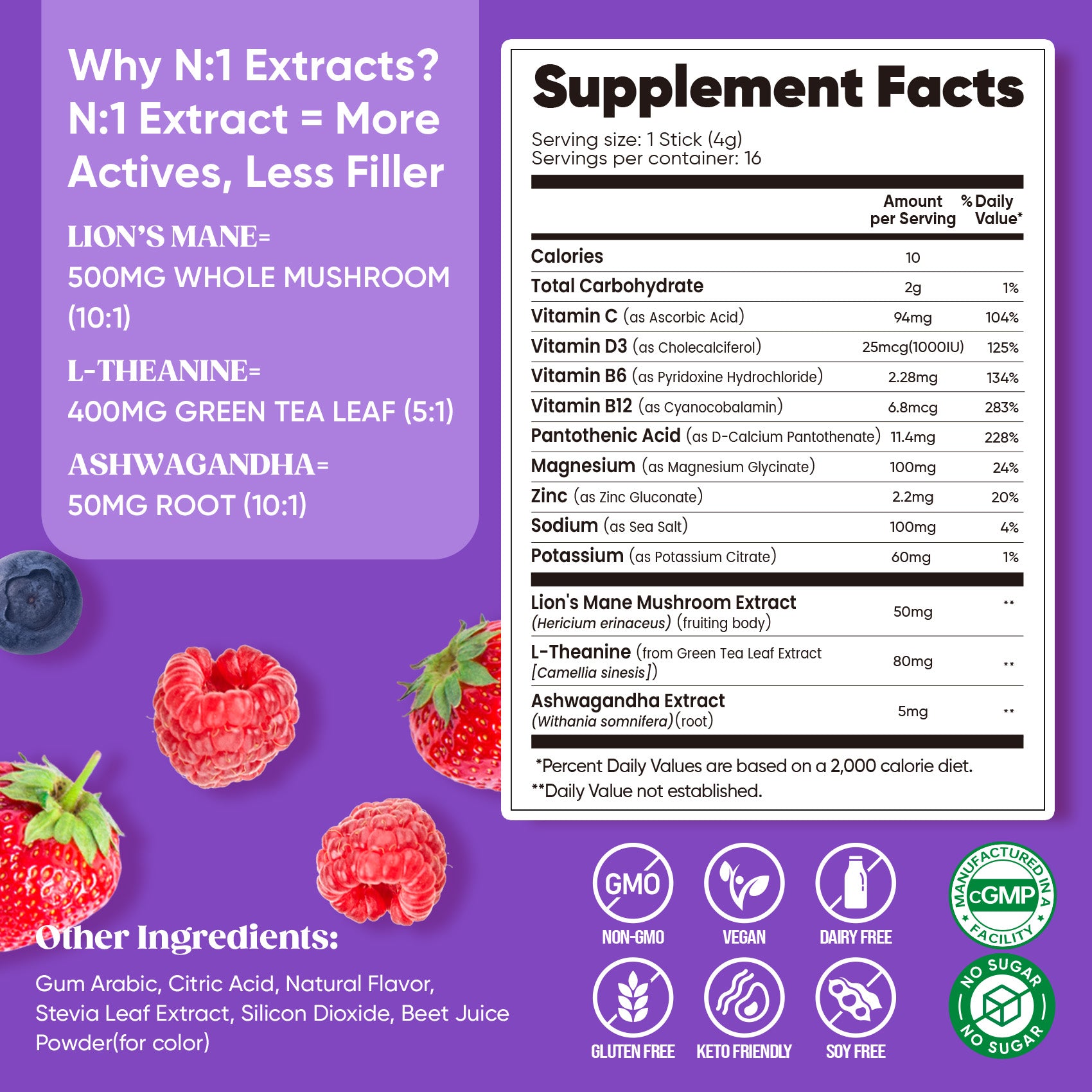 Magnesium Glycinate Powdered Drink Mix - Mixed Berry- 16 Sticks