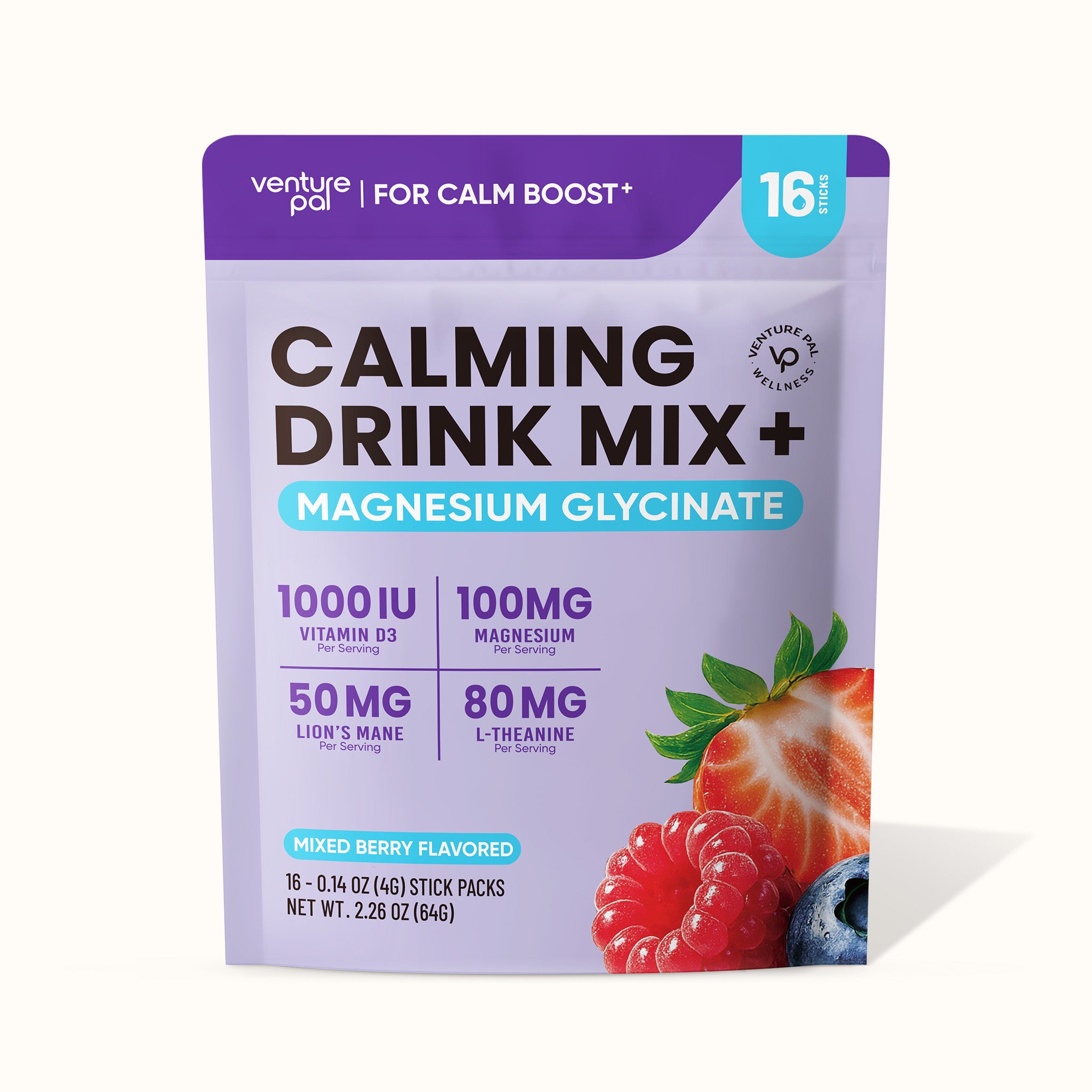 Magnesium Glycinate Powdered Drink Mix - Mixed Berry- 16 Sticks