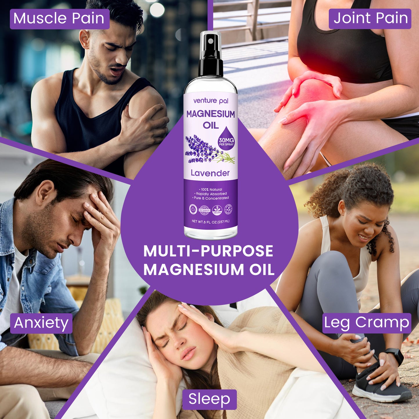 Venture Pal 100% Pure Magnesium Oil Spray with Lavender, Ultra-Soothing for Sleep & Muscle Relaxation (Big 8 oz)