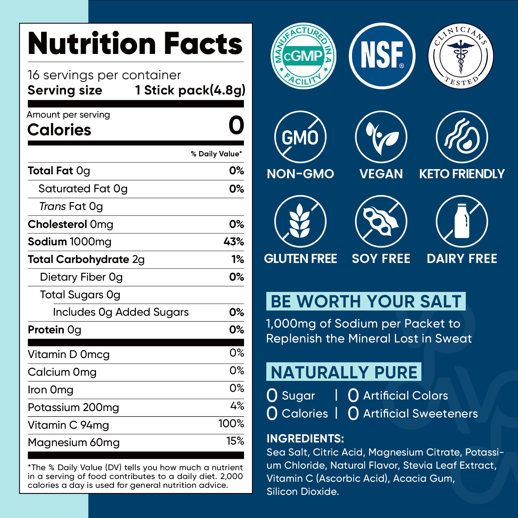 High Sodium Sugar-Free Electrolyte Powder Packets - 16 Sticks