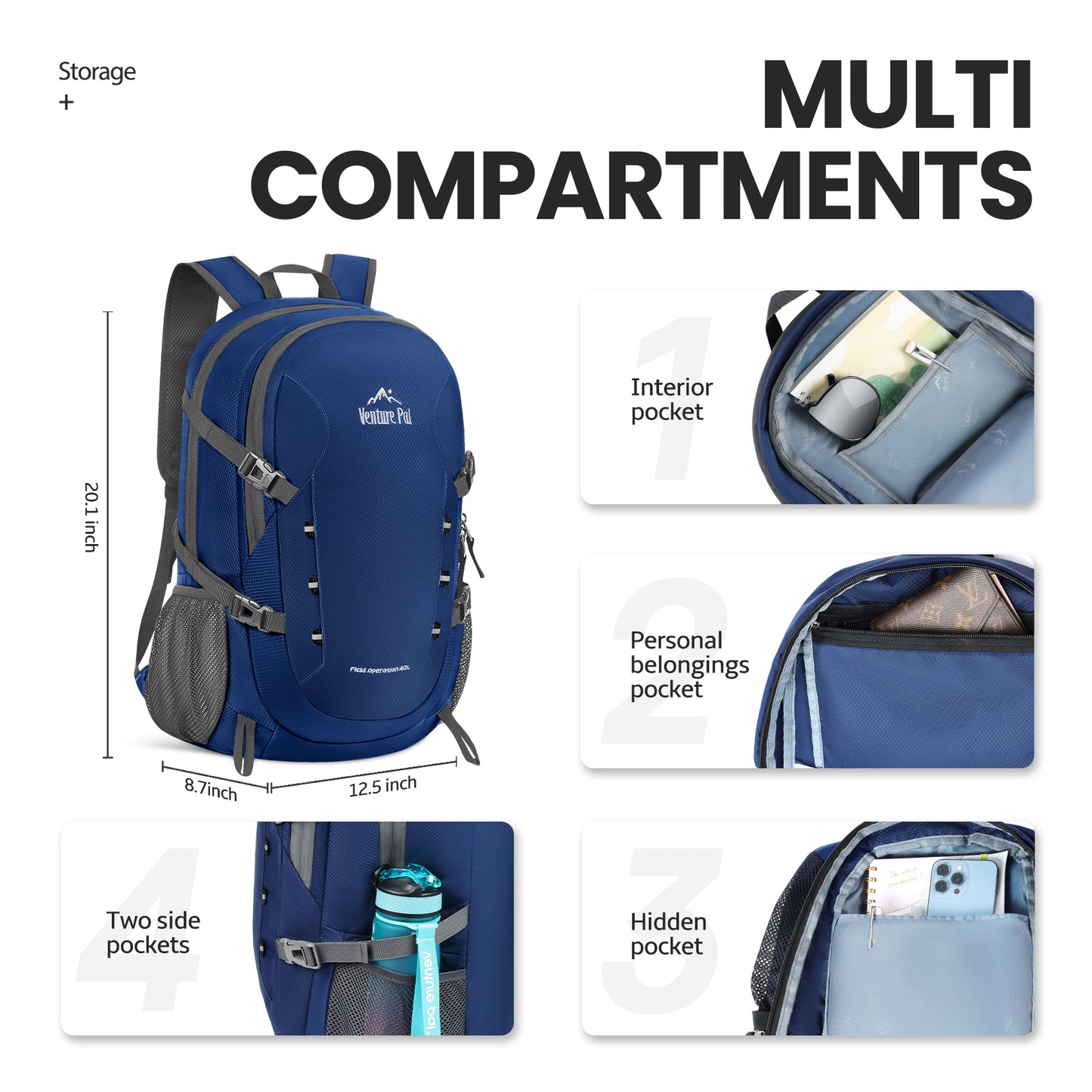 Venture Pal Navy 40L Nylon Backpack with Wet Pocket and Multi Compartment