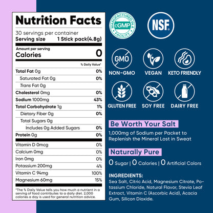 High Sodium Sugar Free Electrolytes Powder Packet -Mixed Berry Salt - 30 Sticks