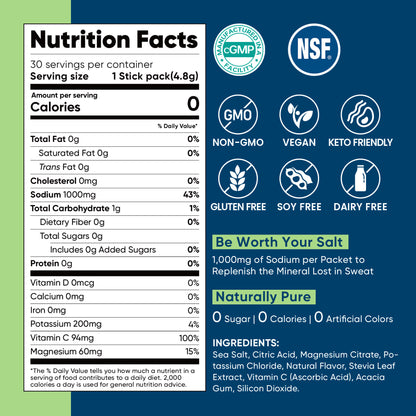 High Sodium Sugar Free Electrolytes Powder Packet - Lemon Lime Salt - 30 Sticks