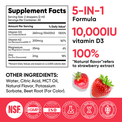 Vitamin D3 10000 IU Plus K2 (MK-7) - Strawberry Flavor - 200 mcg Liquid Drops