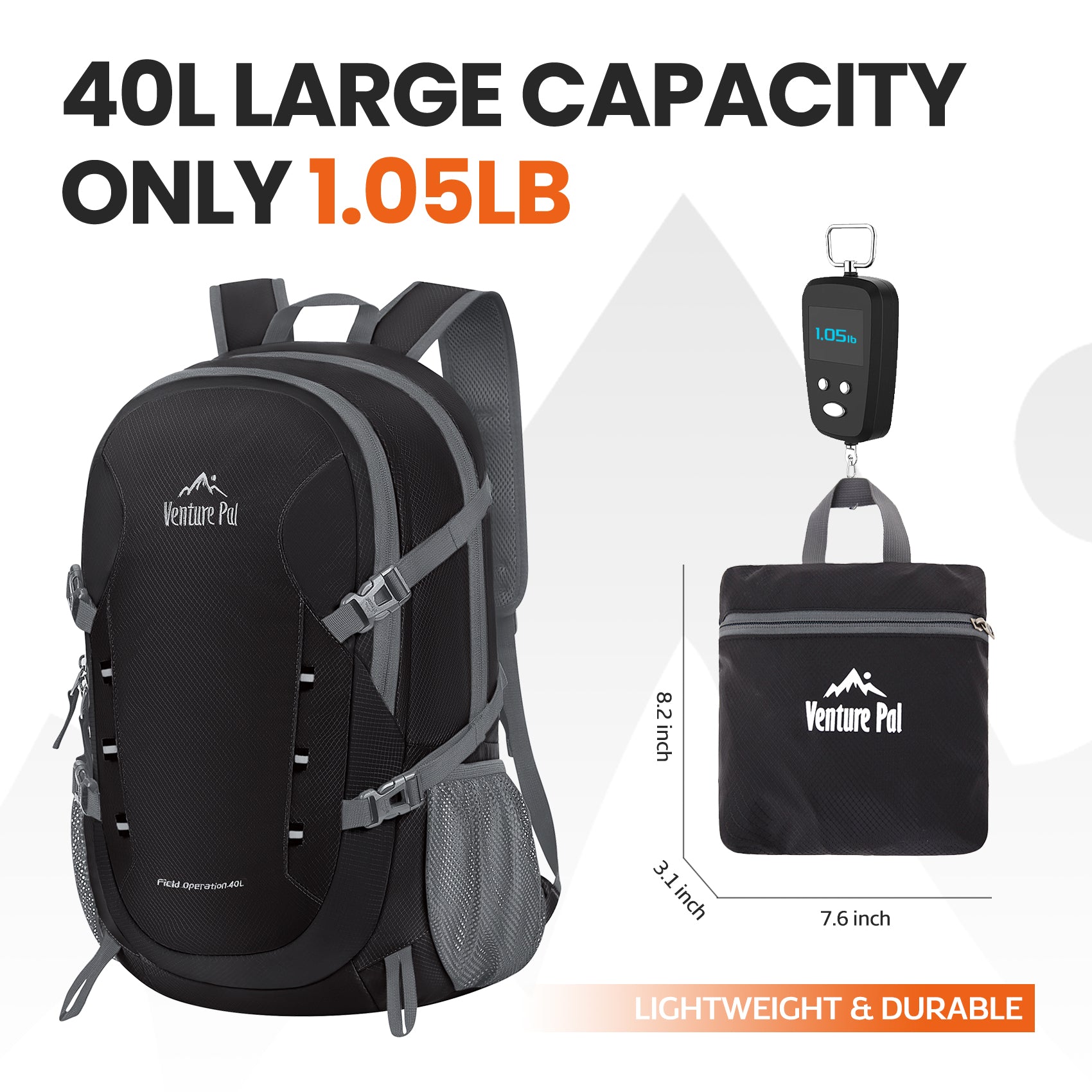 Venture Pal 40L Lightweight Packable Travel Hiking Backpack Daypack - Black