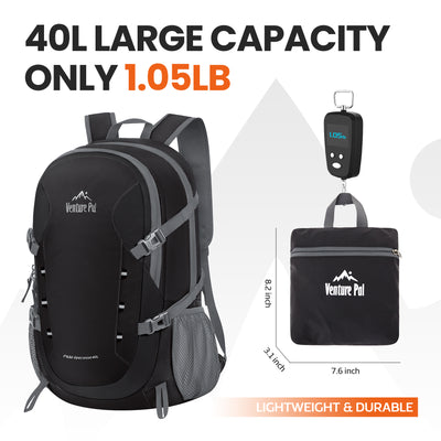 Venture Pal 40L Lightweight Packable Travel Hiking Backpack Daypack - Black