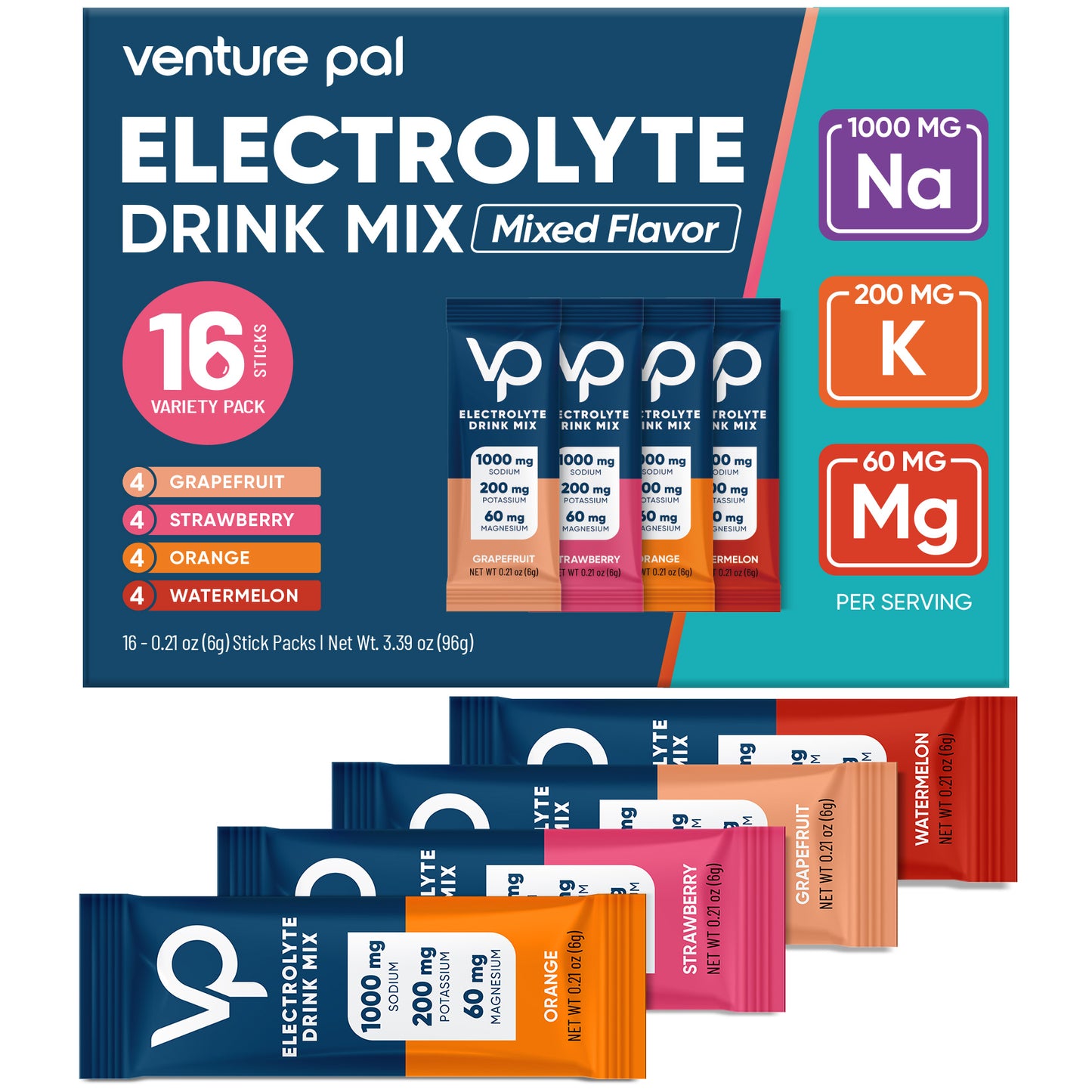 Venture Pal High Sodium Sugar Free Electrolytes Powder Packet - Variety Pack - 16 Sticks