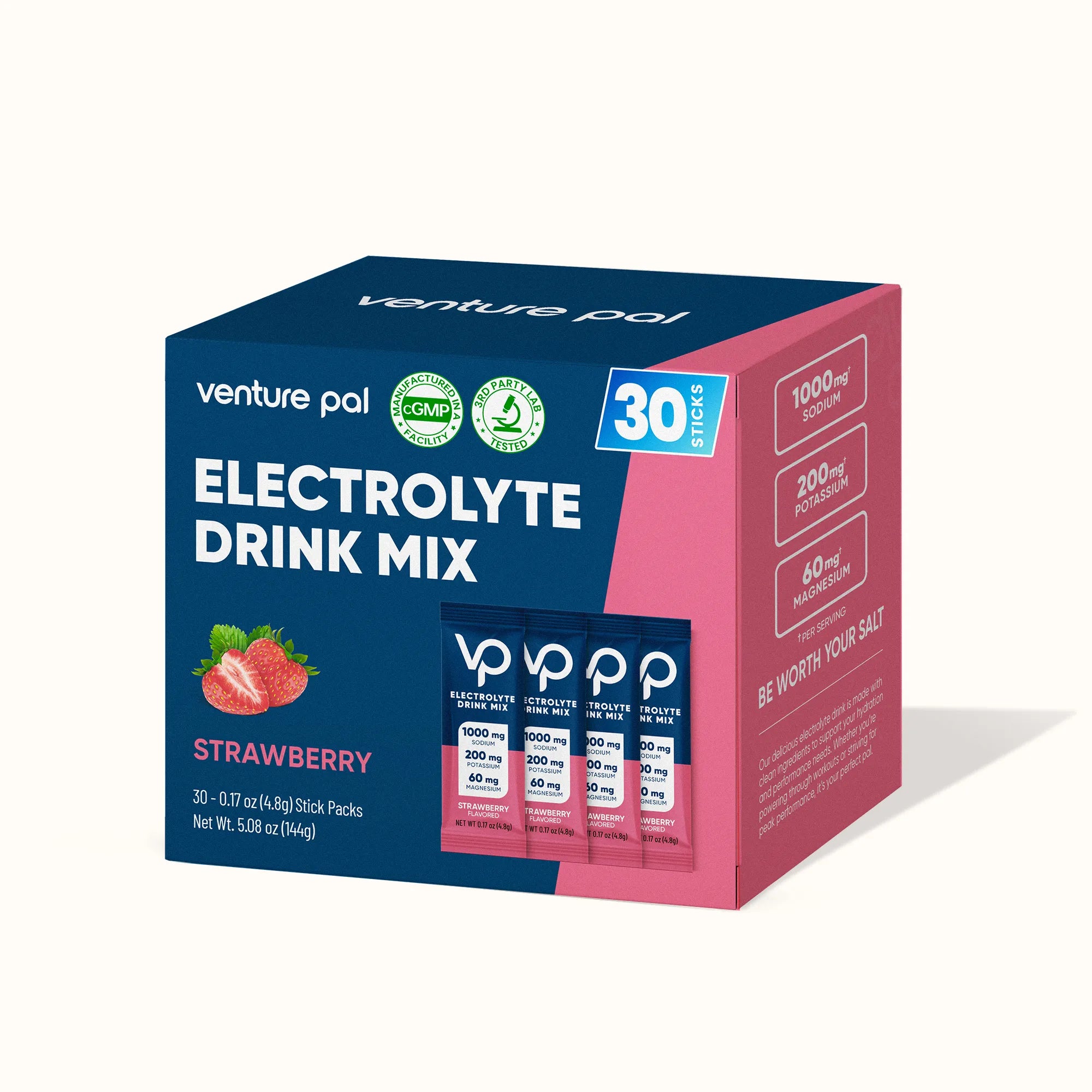 High Sodium Sugar Free Electrolytes Powder Packet -  Strawberry Salt - 30 Sticks
