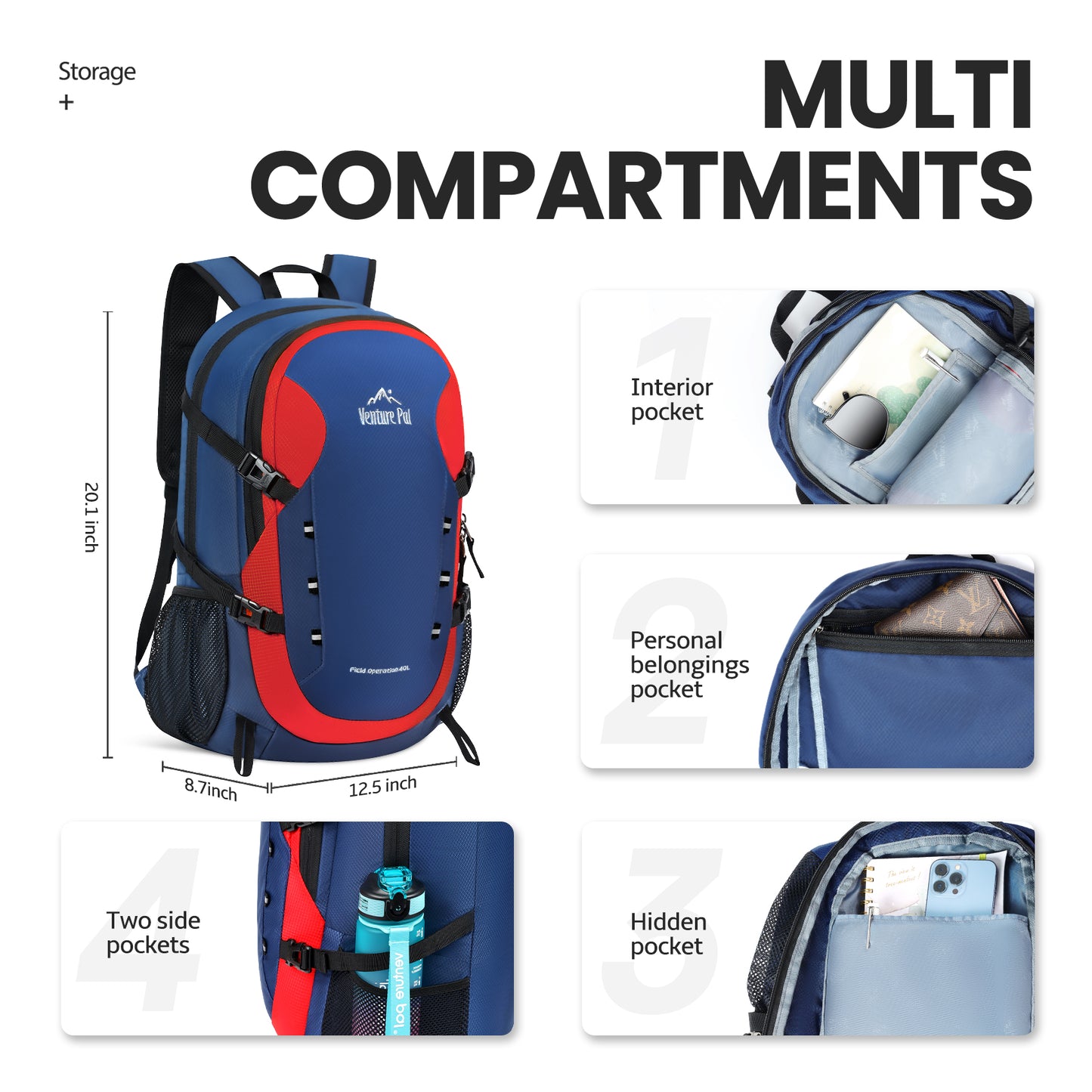 Venture Pal Red/Navy Blue 40L Nylon Backpack with Wet Pocket and Multi Compartment
