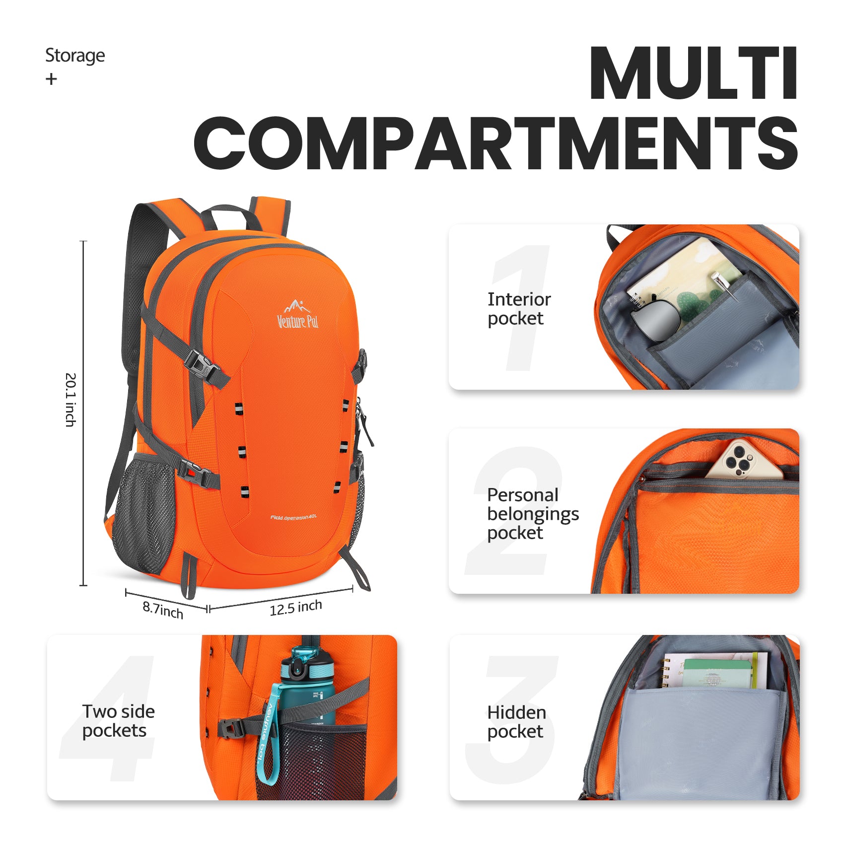 Venture Pal Orange 40L Nylon Backpack with Wet Pocket and Multi Compartment