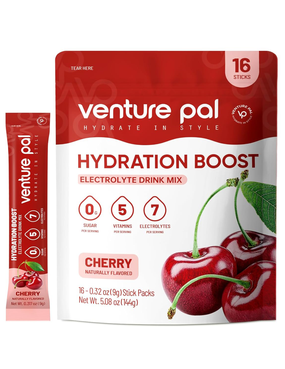 Venture Pal Sugar Free Electrolyte Powder Packets - Cherry Flavor - 16 Sticks