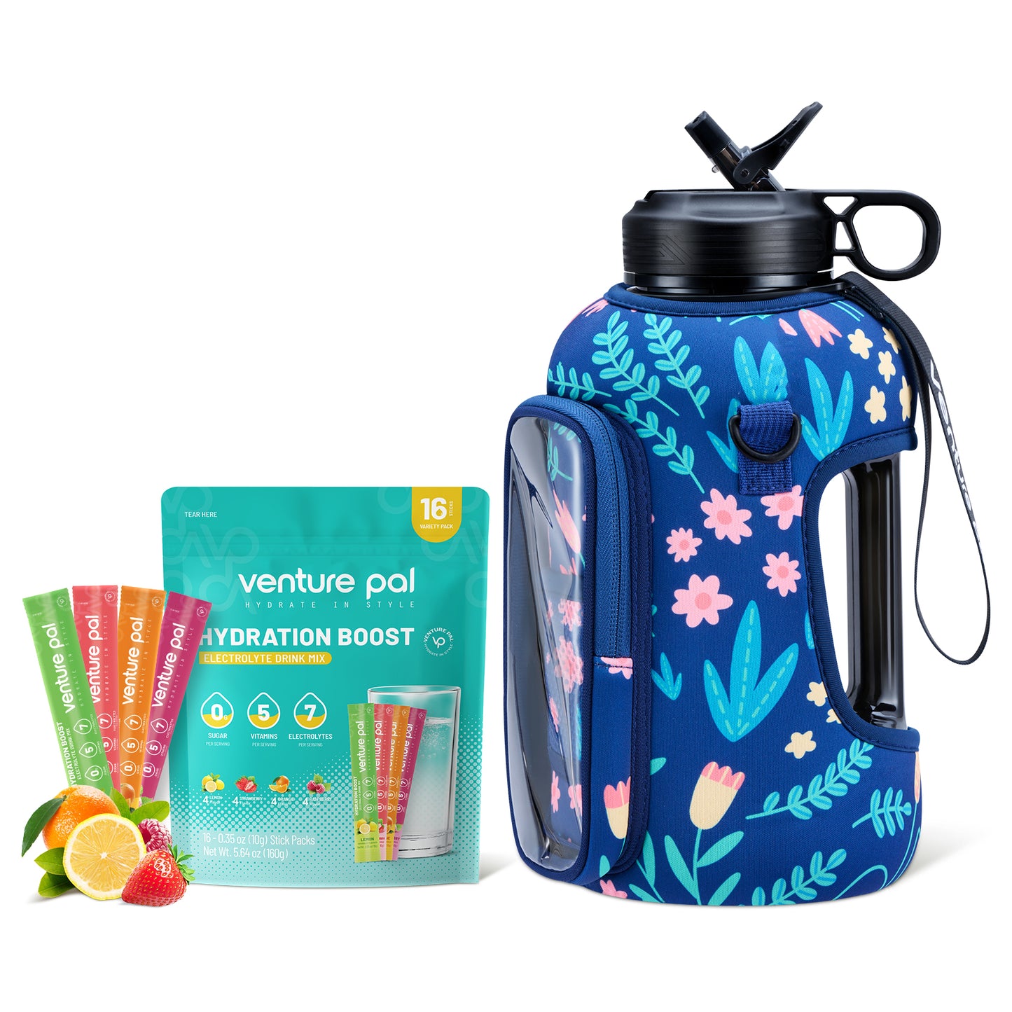 Venture Pal 64 oz Motivational Water Bottle with Storage Sleeve and Zero Sugar Electrolyte Powder Strawberry Flavor