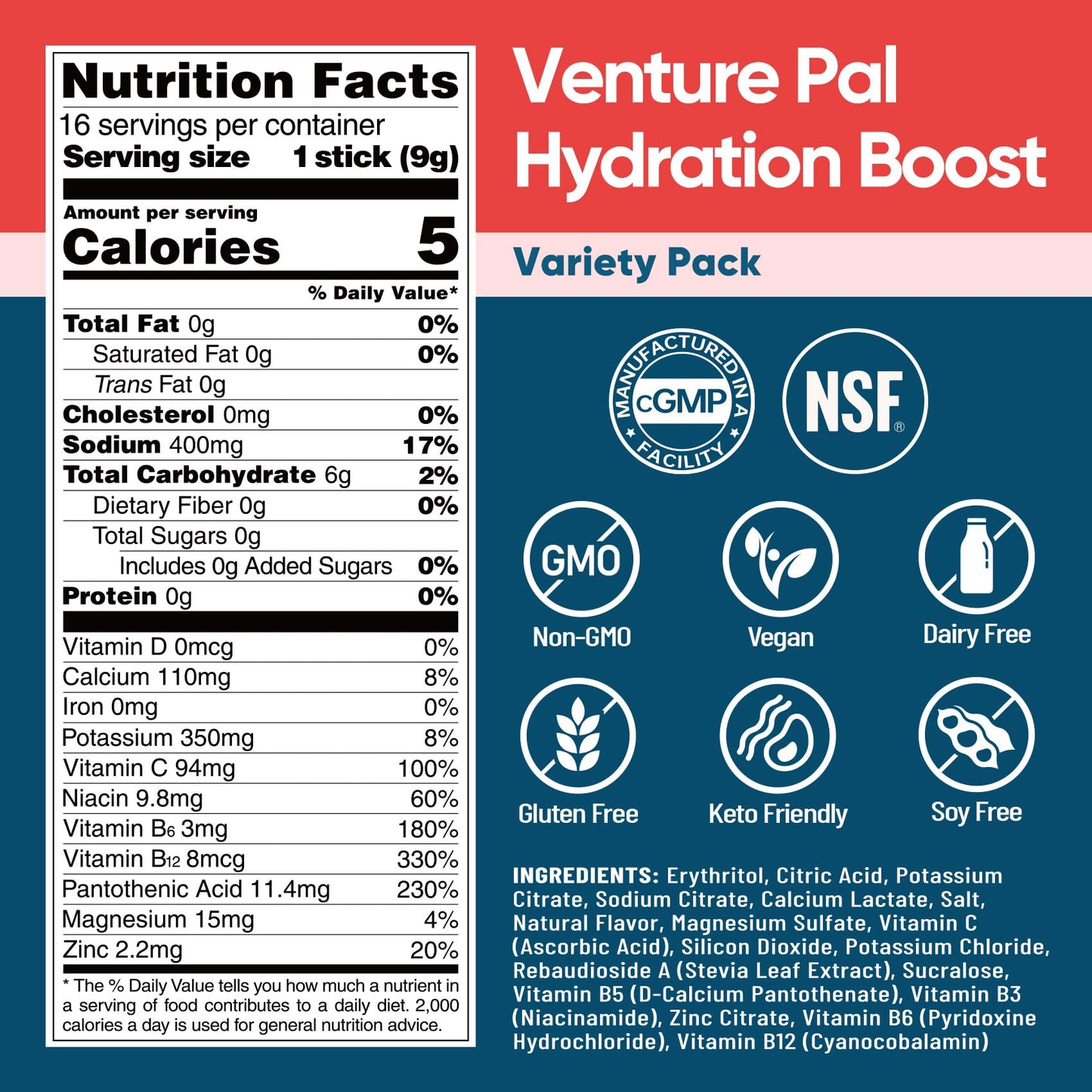 Venture Pal Sugar Free Electrolyte Powder Packets - Watermelon - 16 Sticks
