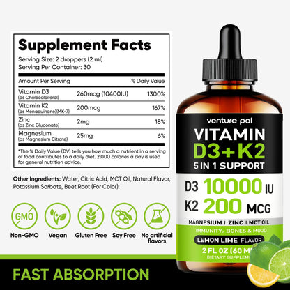 Venture Pal Vitamin D3 10000 IU Plus K2 (MK-7) - Lemon Flavor - 200 mcg Liquid Drops