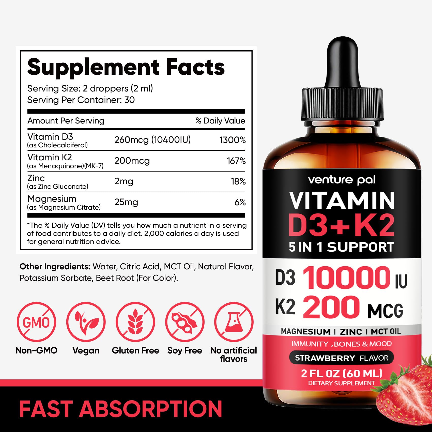 Venture Pal Vitamin D3 10000 IU Plus K2 (MK-7) - Strawberry Flavor - 200 mcg Liquid Drops