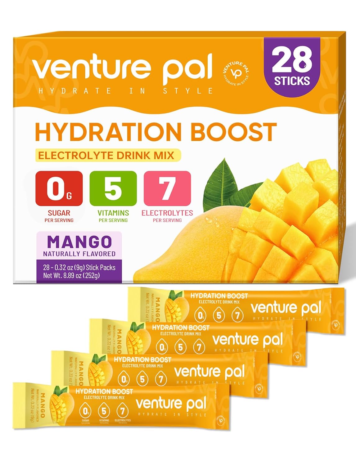 Venture Pal Sugar Free Electrolyte Powder Packets - Mango - 28 Sticks