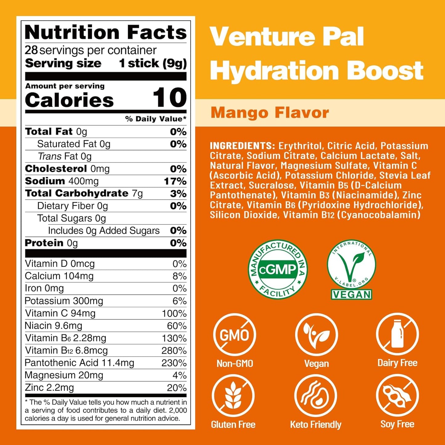 Venture Pal Sugar Free Electrolyte Powder Packets - Mango - 28 Sticks