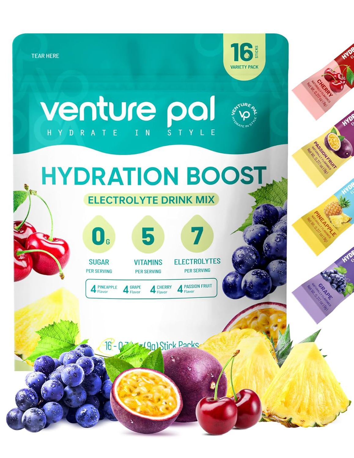 Venture Pal Sugar Free Electrolyte Powder Packets - Tropical Variety Pack - 16 Sticks