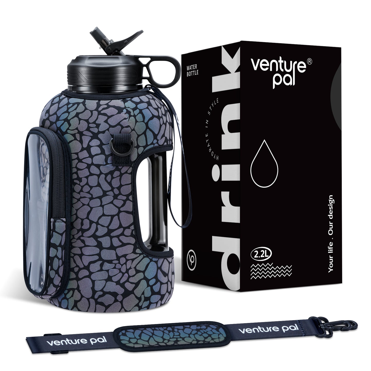 Venture Pal 64 oz Motivational Water Bottle with Storage Sleeve and Adjustable Strap - Comes with a Complimentary Cleaning Brush and Straw Brush