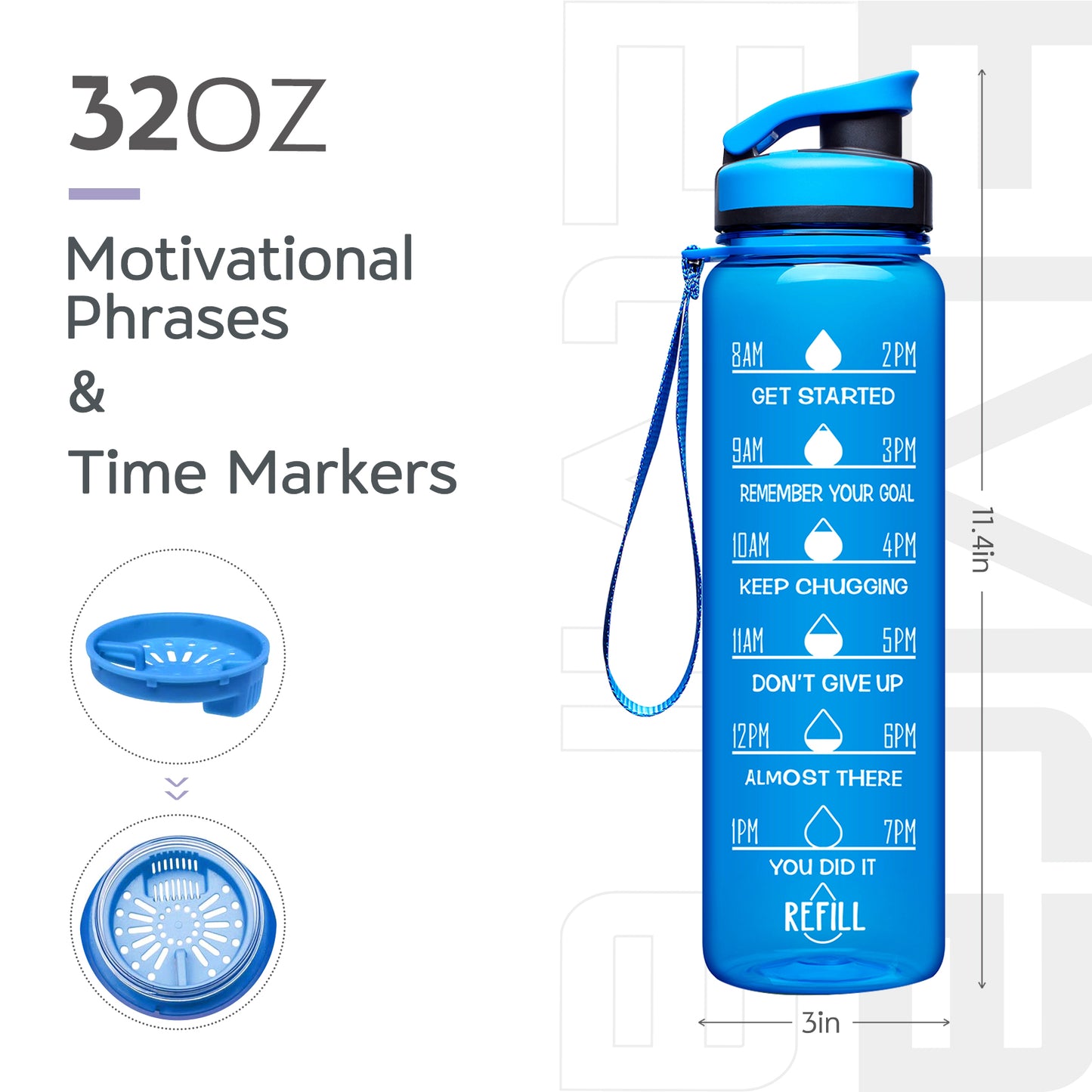 Elvira 32oz Motivational Time Marker Large Water Bottle with Removable Strainer