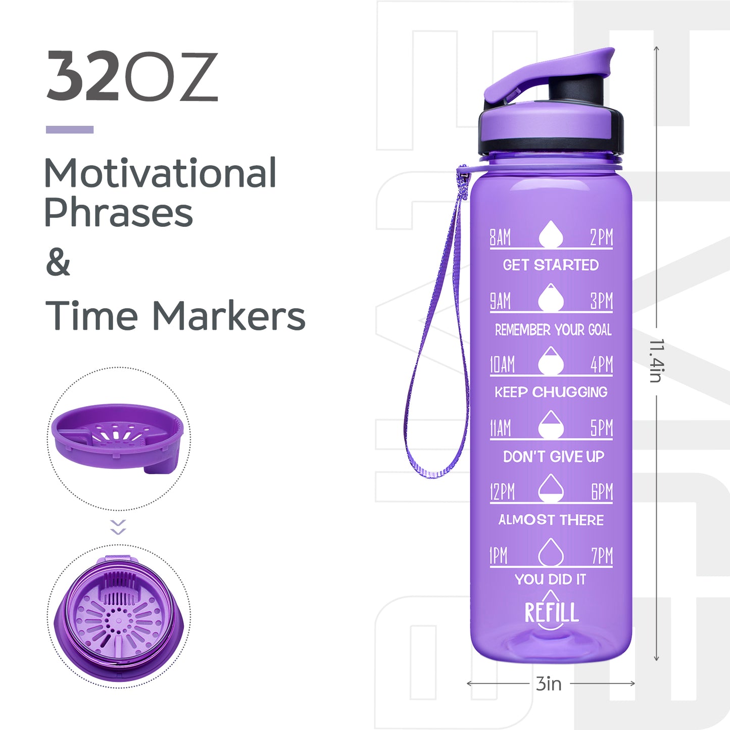 Elvira 32oz Motivational Time Marker Large Water Bottle with Removable Strainer