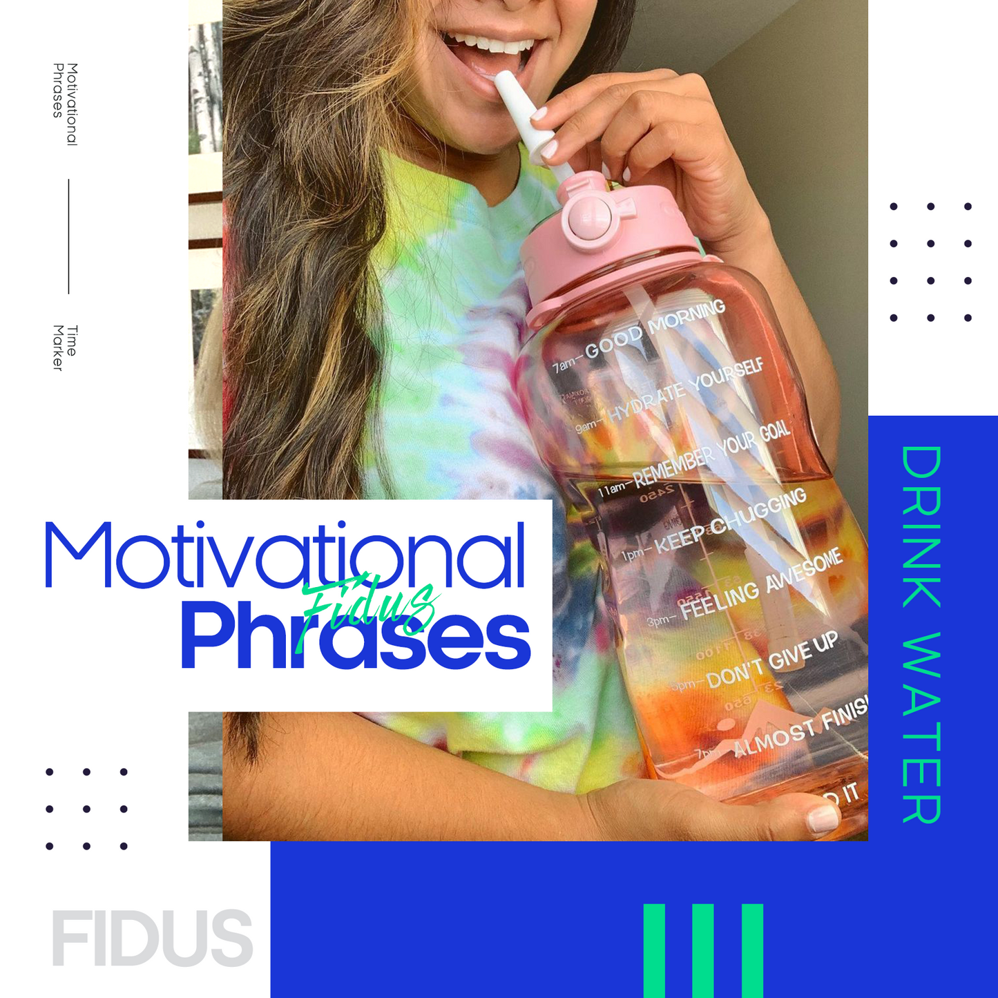 Fidus 64oz Motivational Water Bottle with Paracord Handle & Removable Straw