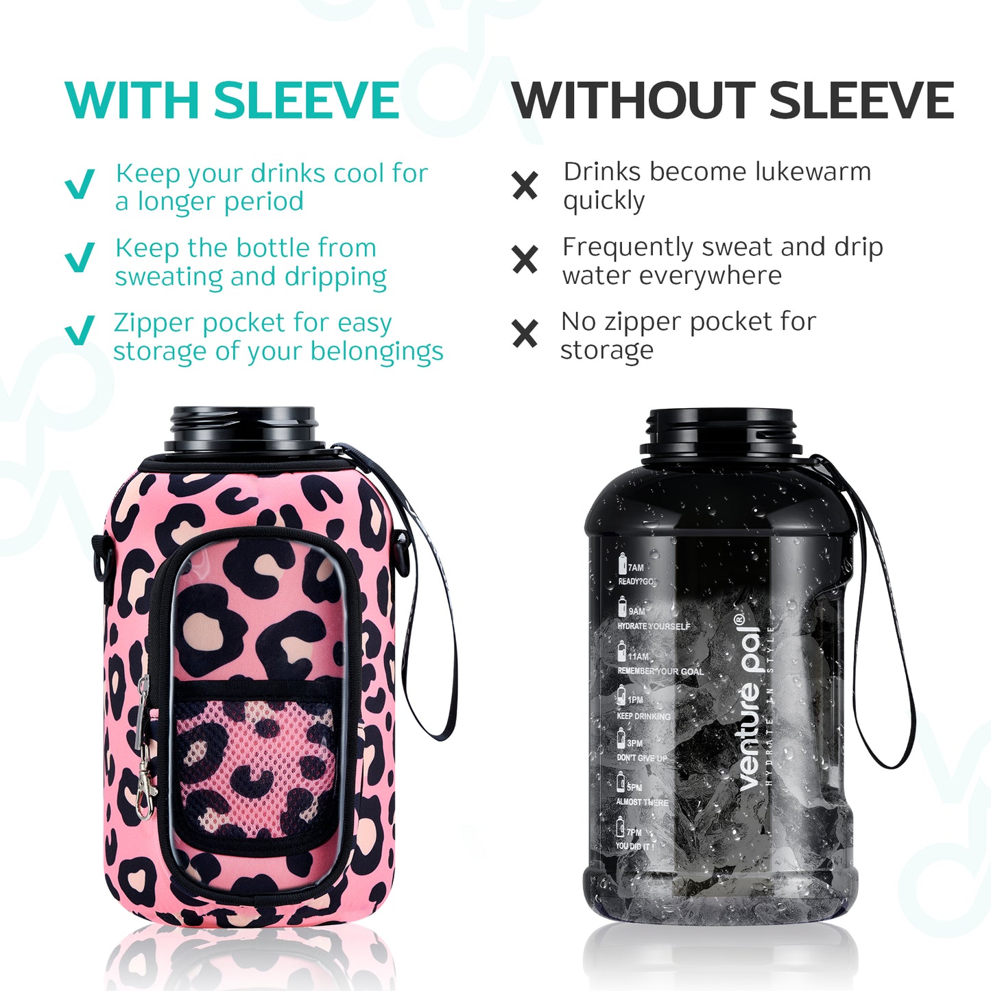 Venture Pal 64 oz Motivational Water Bottle with Storage Sleeve and Adjustable Strap - Comes with a Complimentary Cleaning Brush and Straw Brush