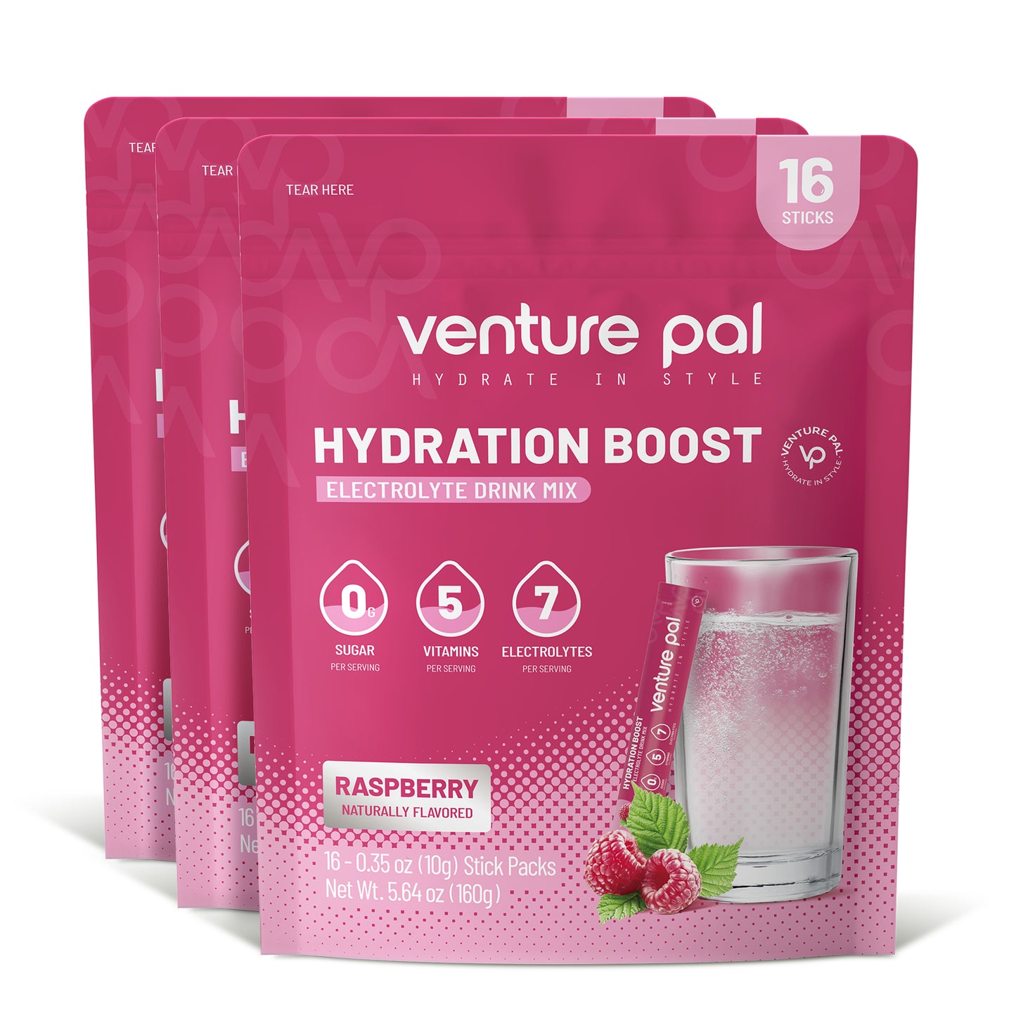 Venture Pal Sugar Free Electrolyte Powder Packets - Raspberry Flavor - 16 Sticks