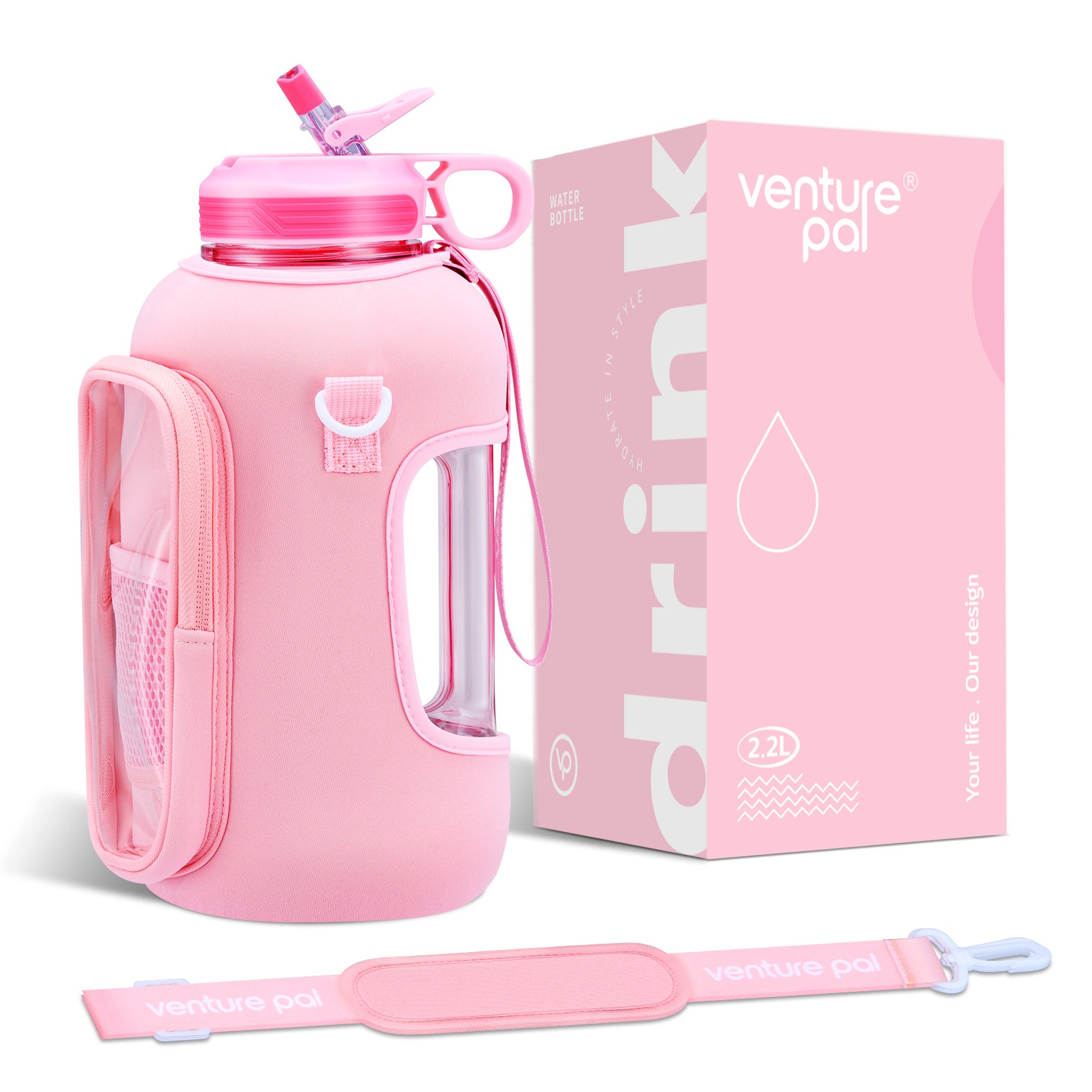 Venture Pal 64 oz Motivational Water Bottle with Storage Sleeve and  Adjustable Strap - Comes with a Complimentary Cleaning Brush and Straw Brush