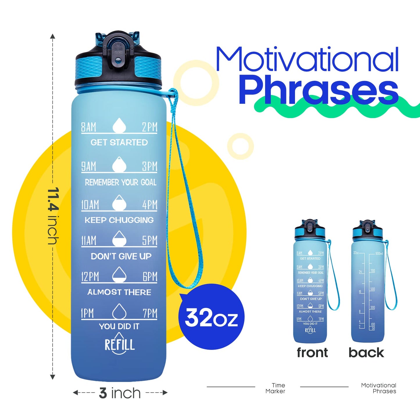 Giotto 32oz BPA Free Sports Water Bottle with Time Marker & Straw