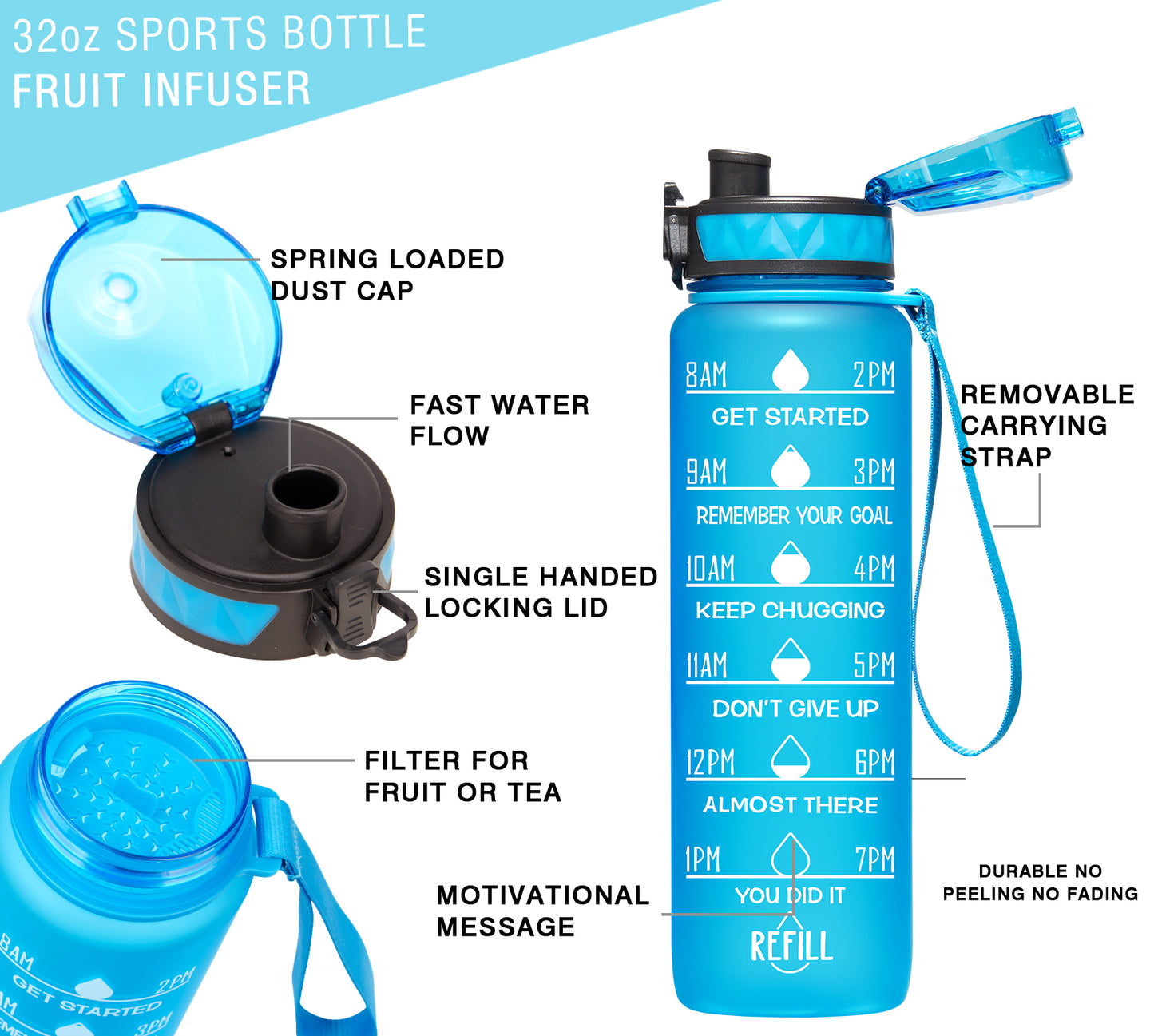 Elvira 32oz Motivational Fitness Sports Water Bottle with Removable Strainer