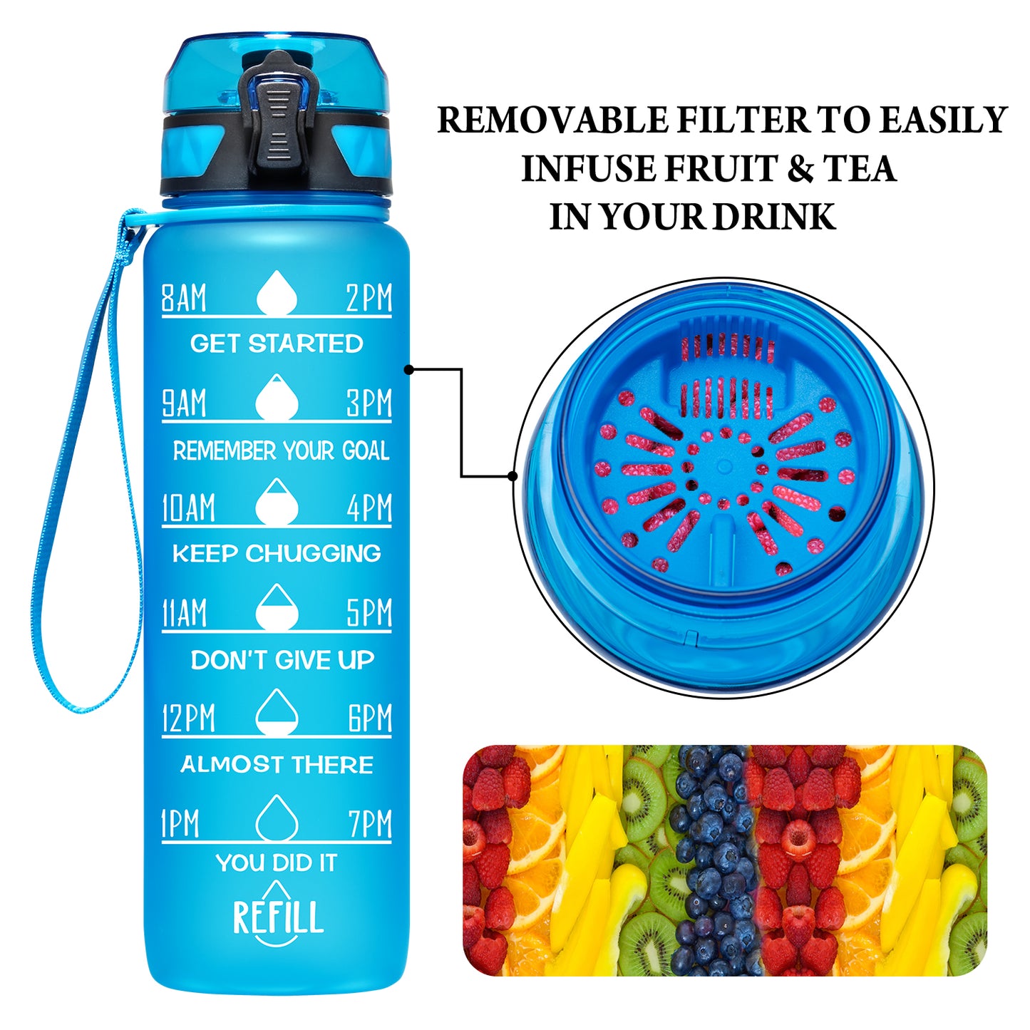 Elvira 32oz Motivational Fitness Sports Water Bottle with Removable Strainer