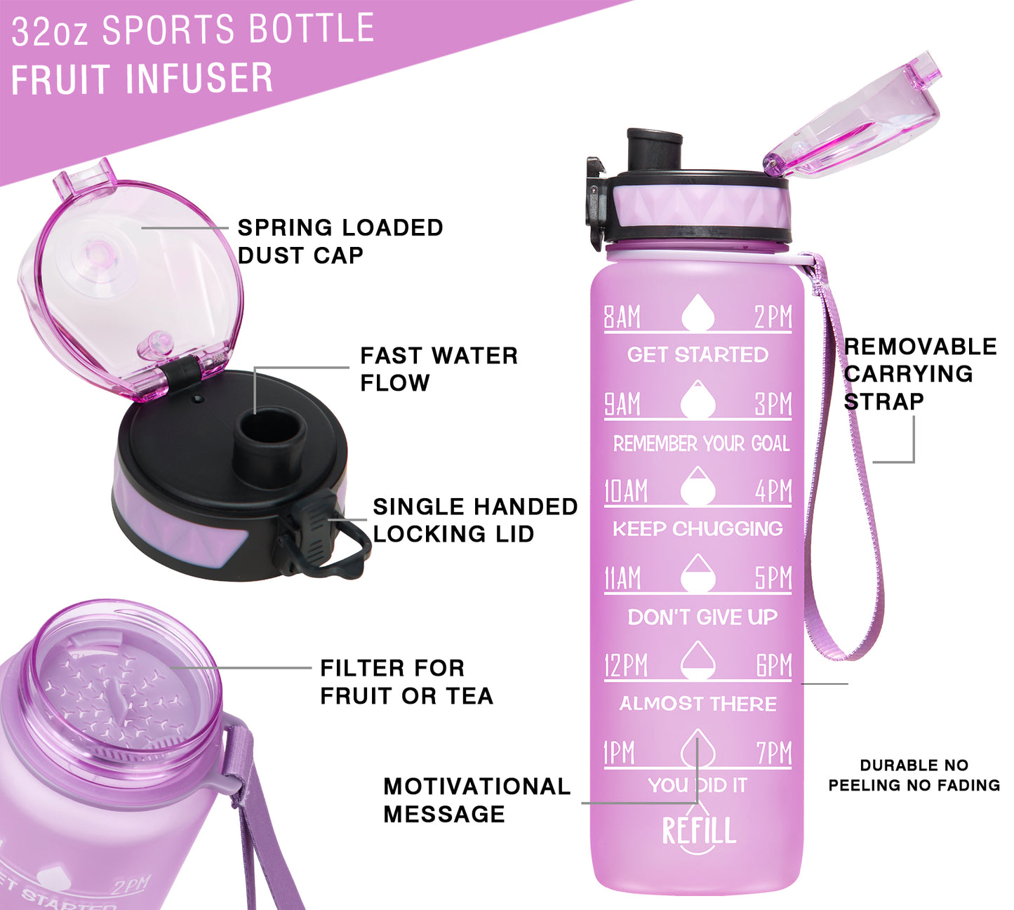 Elvira 32oz Motivational Fitness Sports Water Bottle with Removable Strainer